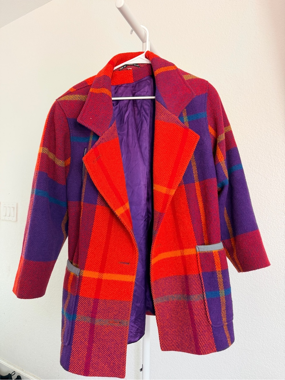 Women’s Purple & Red Plaid Wool-Blend Coat